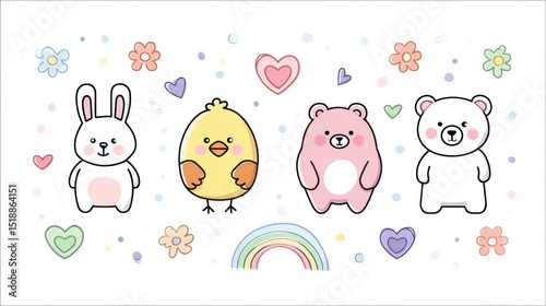Minimalist icons of cute baby animals (bunny, chick, bear), surrounded by pastel hearts, floral elements, and rainbow accents, clean flat design, white background.