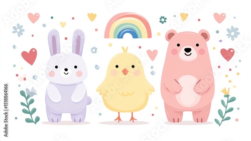 Minimalist icons of cute baby animals (bunny, chick, bear), surrounded by pastel hearts, floral elements, and rainbow accents, clean flat design, white background.