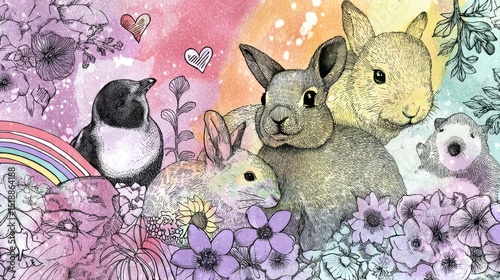 Mixed media art of baby animals in spring, combining watercolor textures with ink outlines, surrounded by floral elements, hearts, and rainbows, whimsical and playful look.