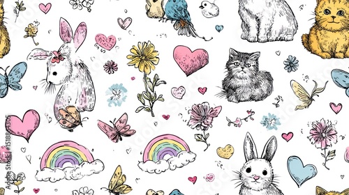 Seamless pattern featuring cute spring animals (rabbit, kitten, bird) with hearts, butterflies, pastel flowers and rainbows, hand-drawn doodle style, seamless tile, white background.
