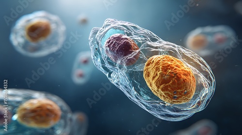 Microscopic View of Colorful Bacterial Cells Interacting in a Deep Blue Environment with Light Effects