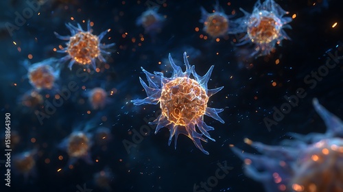 Abstract depiction of microscopic cells with glowing textures and intricate structures in a dark environment