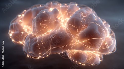 Abstract representation of a glowing brain with neural connections illuminated against a soft backdrop.