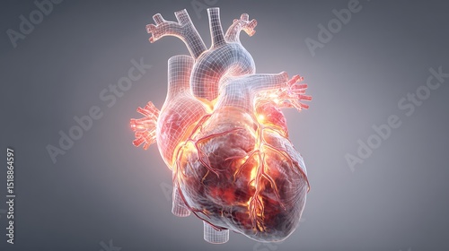 Detailed 3D Model of Human Heart with Luminous Vessels and Intricate Anatomical Structures for Medical Visualization