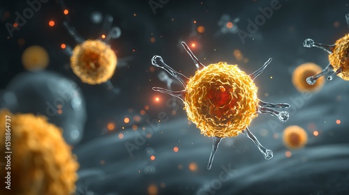 Close-Up View of Abstract Virus Cells with Glowing Details in Dark Background Illustrating Microbiology and Health