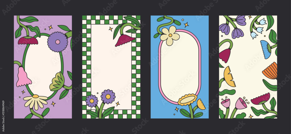 Stories template with stylized floral elements. Groovy flat design, colorful posters. Rewilding retro design.