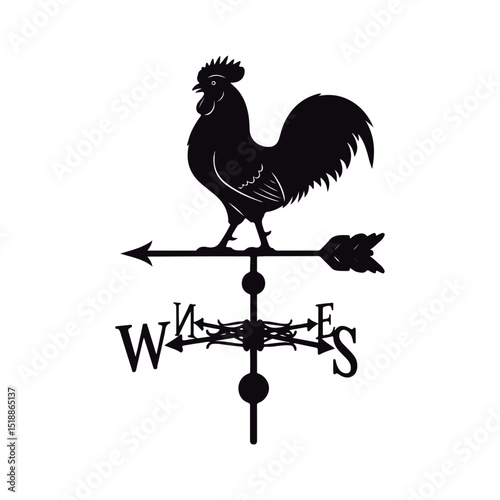 Rooster Weathervane Silhouette with Compass Directions.

