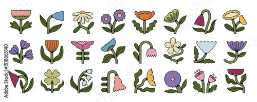 Set of groovy floral icons with bold outlines and flat colors. Retro folk flower collection. Perfect for prints, stickers and patterns.