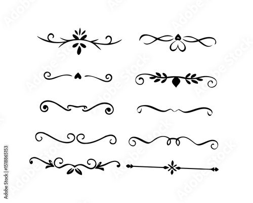 Text dividers doodle set. Wedding decorative elements. Divider ornament, borders, vintage line separators. Hand drawn vector illustration isolated on white background