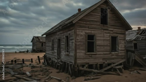 Abandoned wooden beach houses under a dramatic cloudy sky, surrounded by sand, debris, and signs of decay. A haunting coastal scene full of atmosphere and Mystery
