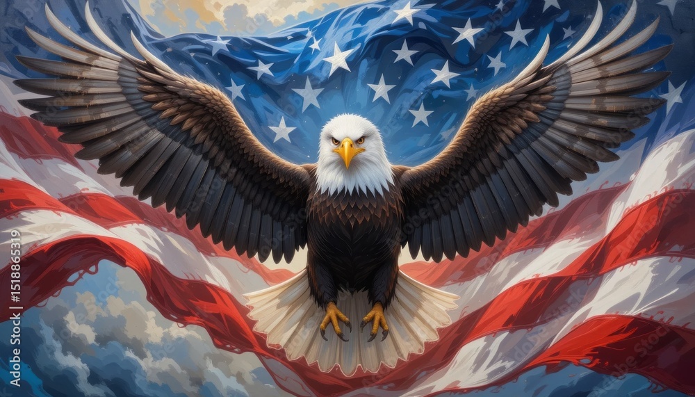 Naklejka premium Majestic bald eagle soars against a flowing abstract flag, creating a powerful symbolic composition.