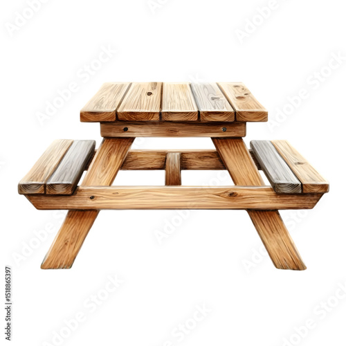 A rustic wooden picnic table ideal for outdoor gatherings and leisure activities in a natural setting.