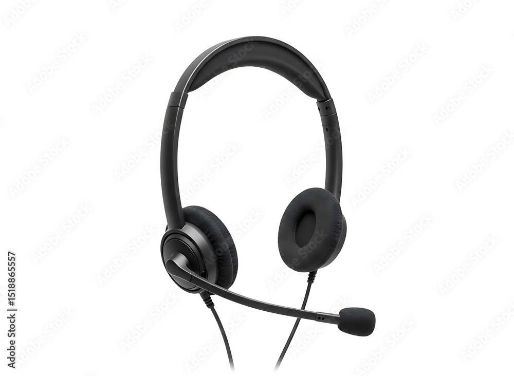Black wired headset with microphone isolated on transparent background Black wired headset with microphone isolated on transparent background