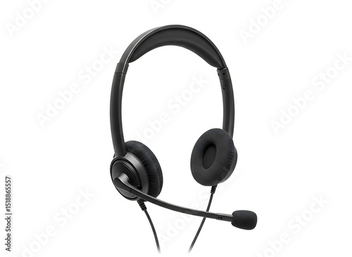Black wired headset with microphone isolated on transparent background