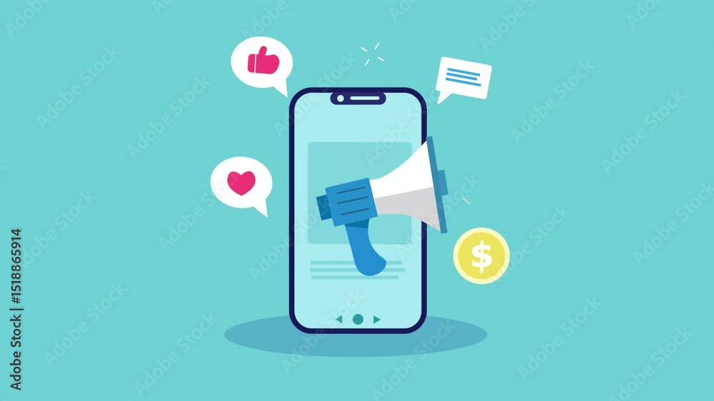 Dynamic animation of a megaphone emerging from a phone, simulating online promotion spreading a message. Social media icons and a dollar coin illustrate the digital marketing workflow and  earnings.