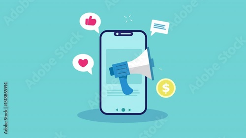 Dynamic animation of a megaphone emerging from a phone, simulating online promotion spreading a message. Social media icons and a dollar coin illustrate the digital marketing workflow and  earnings.