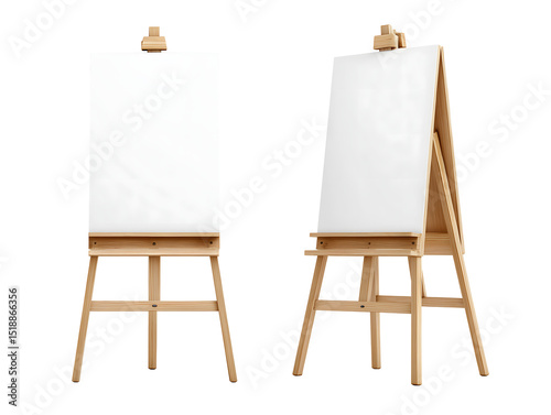 A blank white poster mockup on an wooden easel isolated on transparent background. Billboard concept