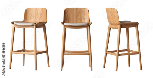Collection of Wooden modern bar stool isolated on white background.