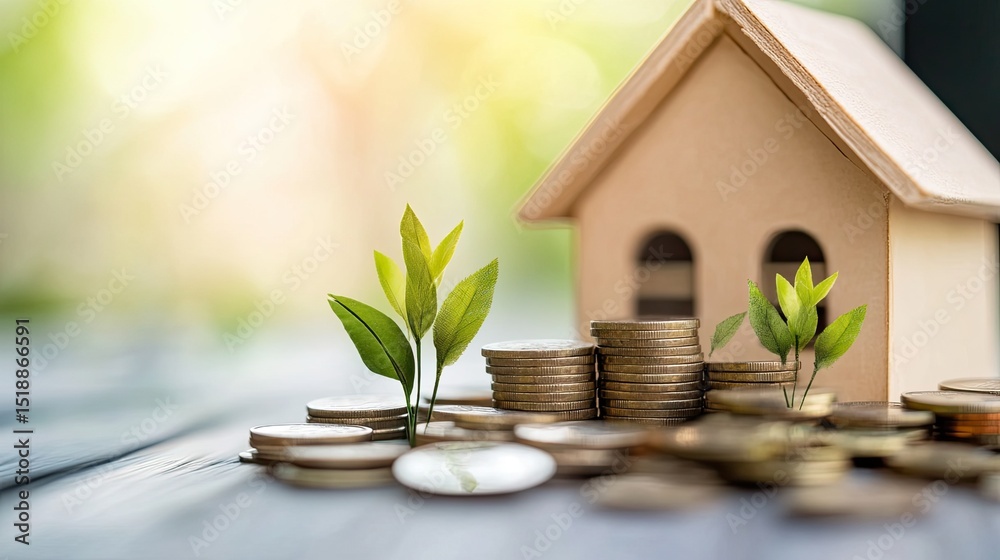 A miniature house with stacks of coins and small plants on a wooden surface with blurred background A miniature house with stacks of coins and small plants on a wooden surface with blurred background