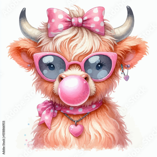 Funny cartoon highland cow blowing a bubble 