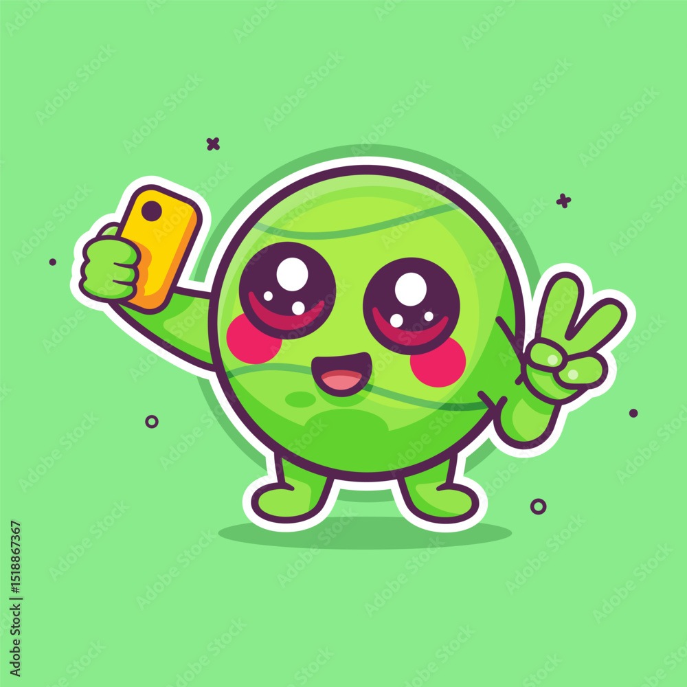 Fototapeta premium happy tennis ball character mascot taking a selfie with a smartphone isolated cartoon 