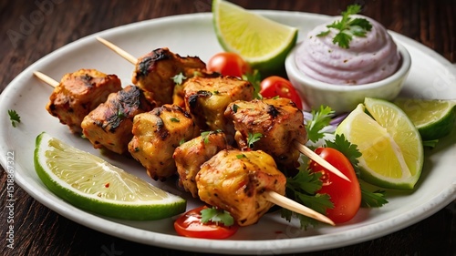 Close-up of delicious malai tikka kebab, tender chicken pieces marinated in creamy spices.