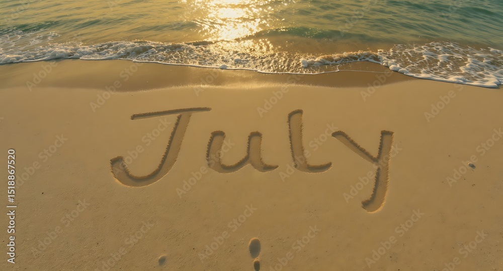 Fototapeta premium Serene July Beach Scene Ocean Waves and Sand