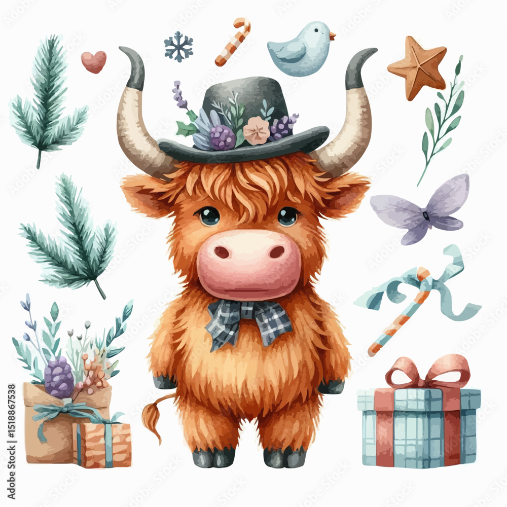 Naklejka premium Cute highland cow with gifts