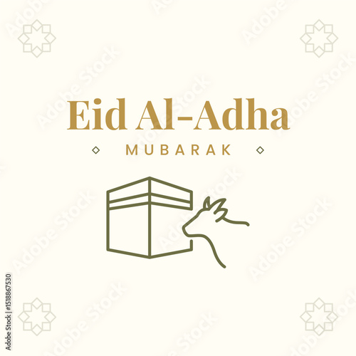 Minimalist Eid Al-Adha greeting card design featuring Kaaba and goat illustration. Perfect for Islamic holiday wishes, religious events, or festive social media posts.