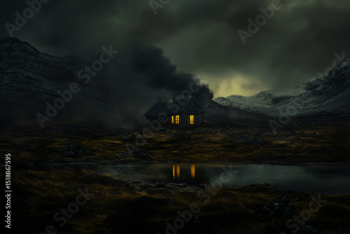 A haunting and shadowy landscape with thick smoke rising from a deserted, dilapidated house, set against a dramatic backdrop of jagged, rugged mountains under a dark sky.