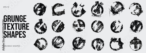 Grunge Graffiti Halftone Texture Elements Set Abstract Geometric Shapes. Ink Spray Frame Borders. Glitch Distortion. Noise Overlay And Distressed Vector Effects