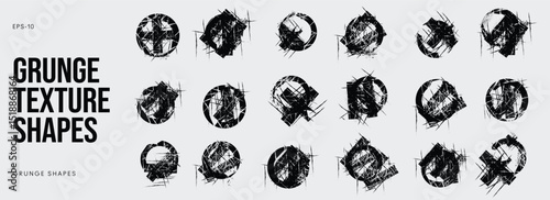 Grunge Graffiti Halftone Texture Elements Set Abstract Geometric Shapes. Ink Spray Frame Borders. Glitch Distortion. Noise Overlay And Distressed Vector Effects