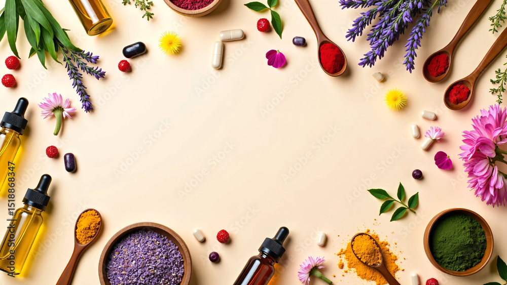 Obraz premium Herbal Supplements, Colorful Capsules, Essential Oils, Healing Flowers, and Natural Powders Like Turmeric and Spirulina Arranged with Fresh Botanicals on a Clean Pastel Background