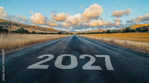 Roadway with 2027 painted on dark asphalt stretching through dry countryside fields.