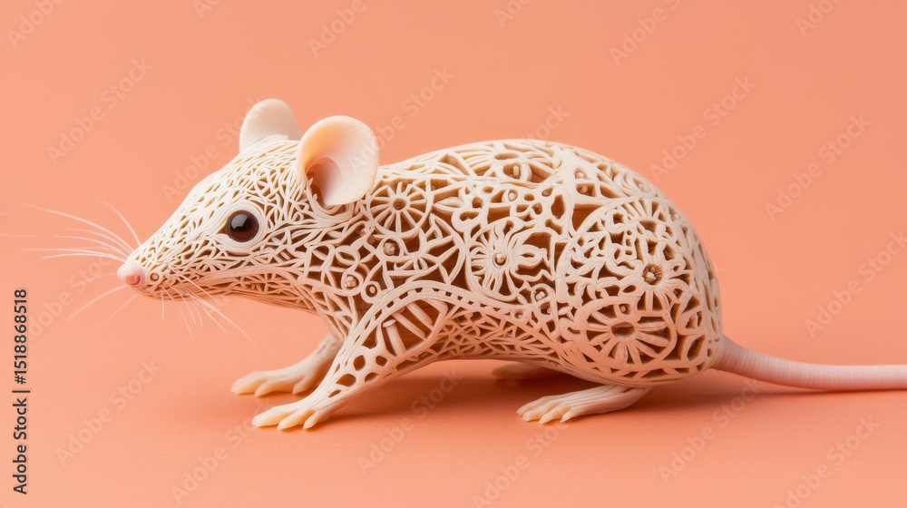 Fototapeta premium Exquisitely crafted wooden mouse sculpture with intricate lace like carved patterns and a delicate natural aesthetic