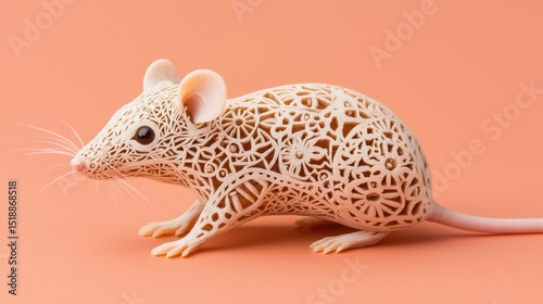 Exquisitely crafted wooden mouse sculpture with intricate lace like carved patterns and a delicate natural aesthetic