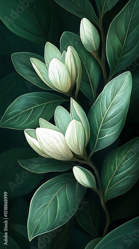 Elegant botanical artwork featuring soft white blossoms amidst verdant foliage