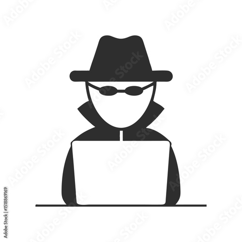 Funny 3D cartoon illustration of an old cowboy wizard with a mustache and top hat performing a mentalist act with a laptop, blending business, fun, and circus theater, computer hacker silhouette