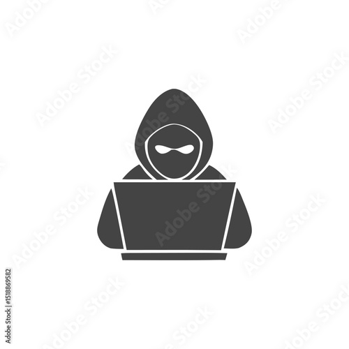 Computer virus alert on a laptop with a skull and crossbones, symbolizing the cyber crime of a masked hacker stealing data, Computer hacker silhouette vector icon