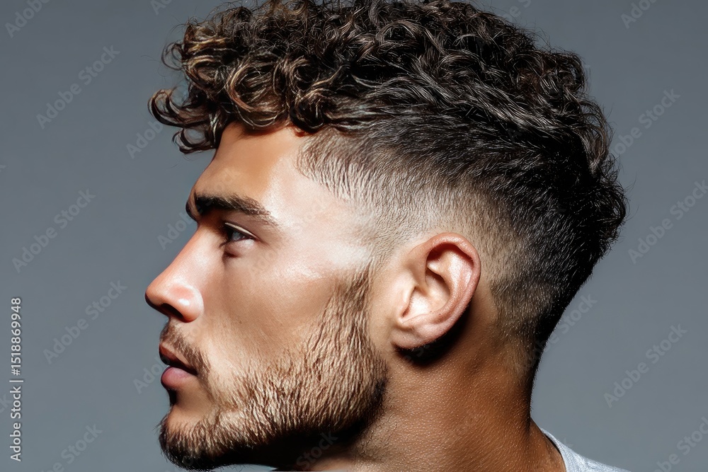 Fototapeta premium Close-up profile view of a man with a textured hairstyle.