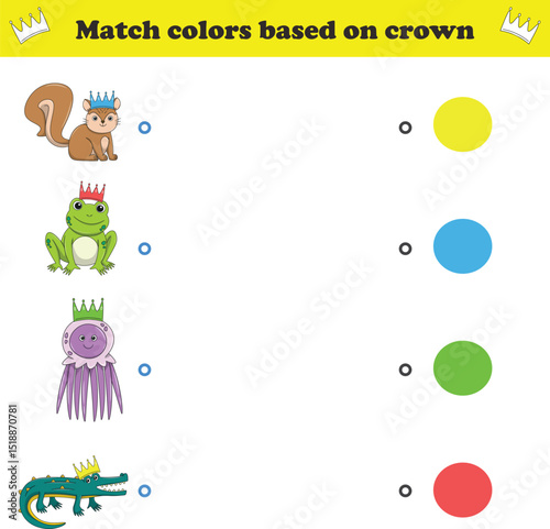 Match the color of the animal's crown. Educational game for color recognition