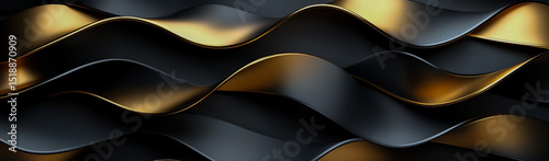 A luxurious seamless pattern made of gold and black ribbons with a 3D rendered effect on a dark gray textured background, perfect for elegant designs and sophisticated branding.