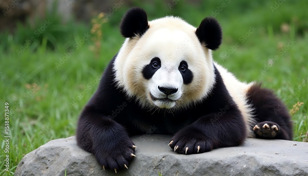 Fototapeta premium Panda Bear Resting on Rock Outdoor
