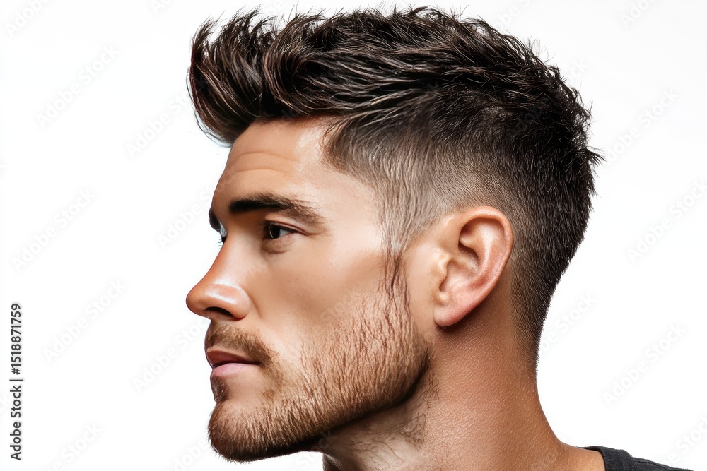 Fototapeta premium Close-up profile view of a man's face and stylish haircut.