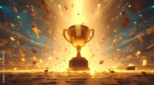 Golden Trophy Illuminated by Spotlight in a Stadium with Confetti