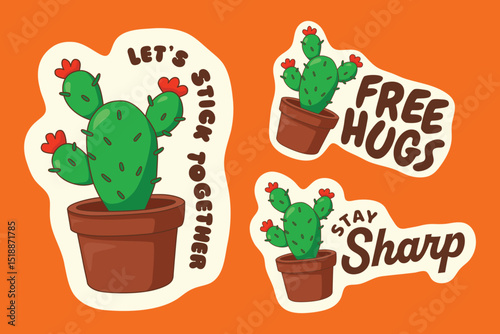Cartoon cactus sticker set with funny pun quotes