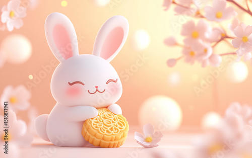 Cute Cartoon Rabbit Holding Mooncake with Cherry Blossoms for Mid-Autumn Festival