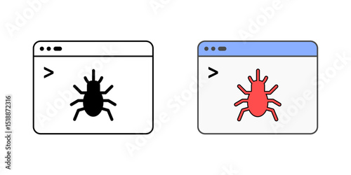 Terminal window with red insect icon in outline and color styles, vector graphic symbolizing a coding bug, software error, or debugging issue in command-line interface environments.