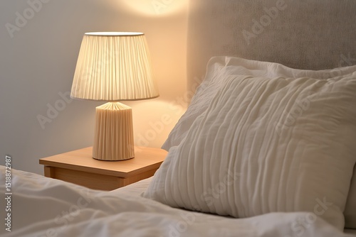 A bedside table with a lamp and a white pillow on a bed in a softly lit bedroom setting scene view