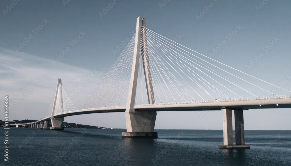 Fototapeta premium Modern Suspension Bridge With Transparent Spans Over Calm Water Reflecting Clear Blue Sky